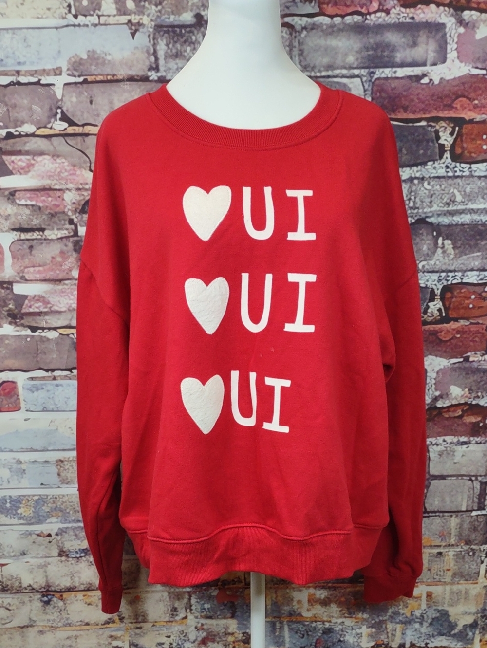 Maeve X Anthropologie Crewneck Sweatshirt with White Heart 'Oui' Motif